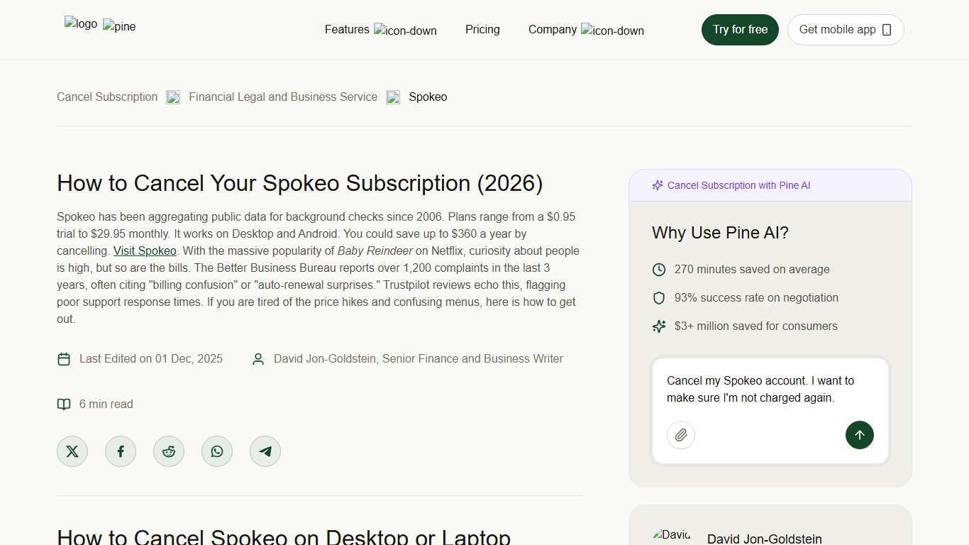 How to Cancel Your Spokeo Subscription (2026) | Pine AI